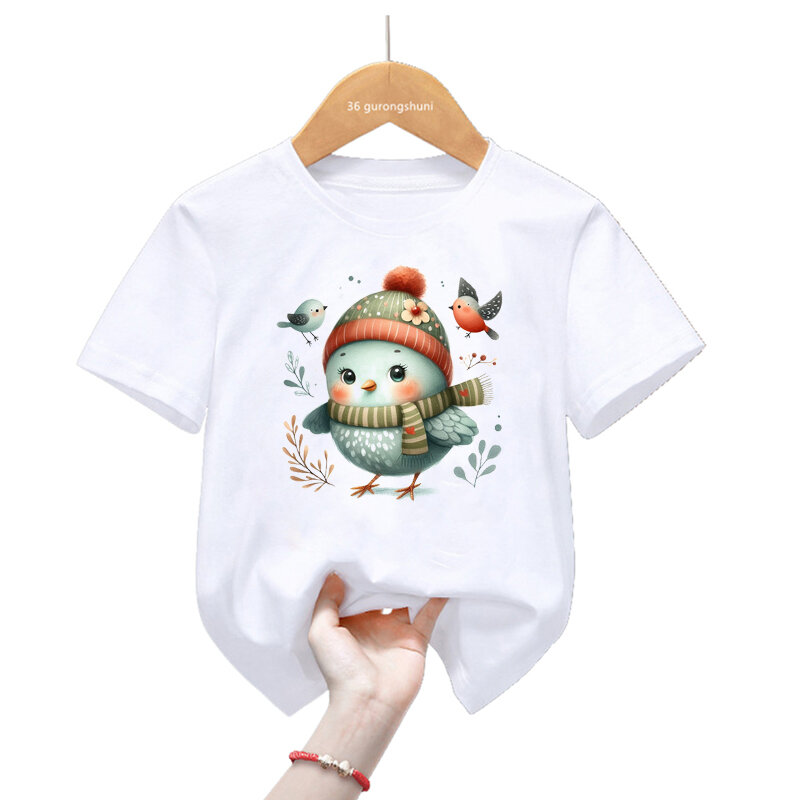 2024 Hot Sale Cute Watercolor Bird Print T Shirt Girls/Boys Harajuku Kawaii Kids Clothes Summer Tops Fashion T-Shirt Streetwear