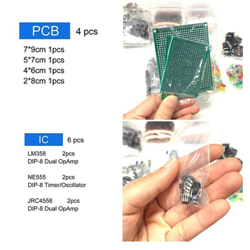 Kit di componenti elettronici Ultimate Edition vari condensatori comuni resistori condensatori T0-92 LED transistor PCB Board DIP-IC