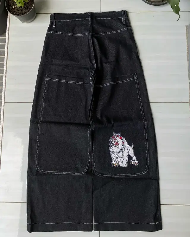 Y2K JNCO pantalones vaqueros holgados de Hip Hop bordados, ropa de calle gótica, pantalones negros Harajuku, pantalones de pierna ancha de cintura