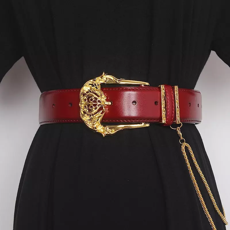 حزام من جلد البقر مع سلسلة معدنية للنساء ، حزام خصر بانك أحادي اللون ، حزام بانت جان ، جلد بقر أصلي ، موضة فاخرة ،