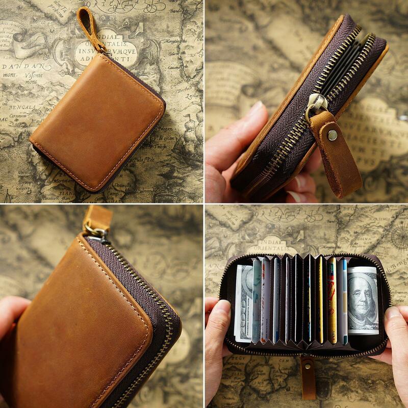 Dompet kulit kuda gila pria, penyimpan kartu kredit kulit asli Vintage dengan 11 slot kartu tas koin