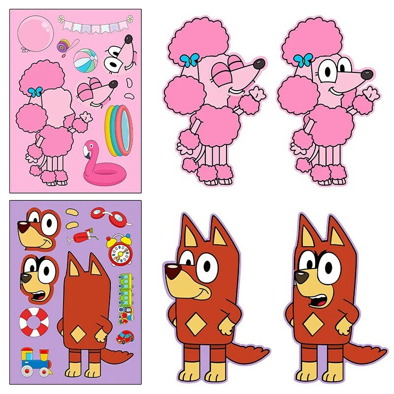 Blue Anime Cartoon Dog Puzzle Adesivos para crianças, cor, bonito, educação, brinquedos para crianças, presente, DIY, 6 pcs, 12 pcs, 18pcs