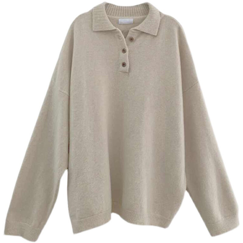 Odzież damska Vintage sweter z dzianiny guzik kołnierzyk Polo z długim rękawem Casual prostota moda Baggy bluzki damskie jesień