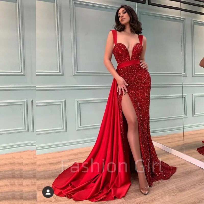Bling Rode Spaghettiband Zeemeermin Avondjurken Afneembare Trein Dijzijde Split Celebrity Jurken Pailletten Prom Dress