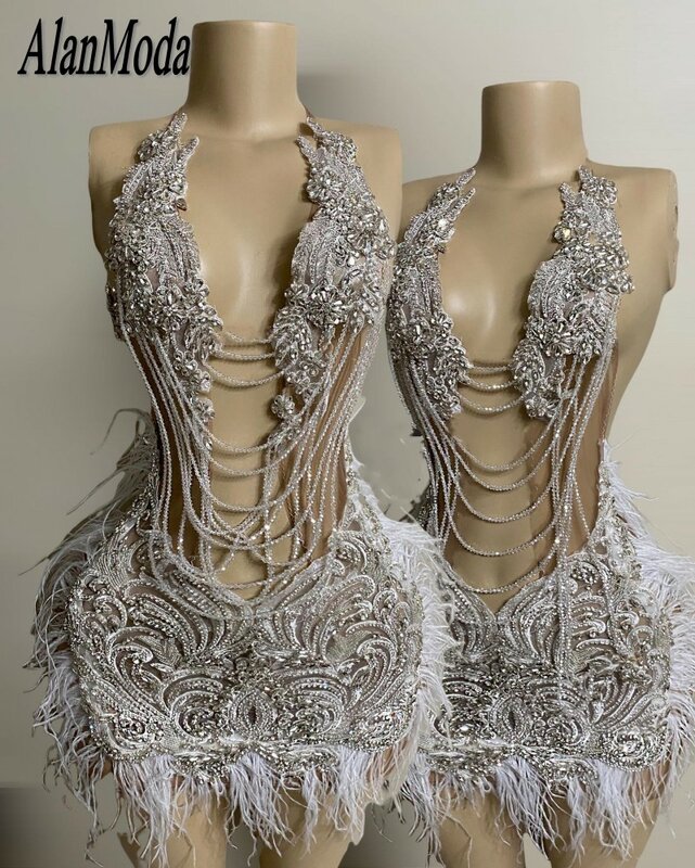 Mini Birthday Dress For Women Luxury 2024 Crytsal Feathers Short Prom Gowns Halter Vestidos De Graduación Party Outfits