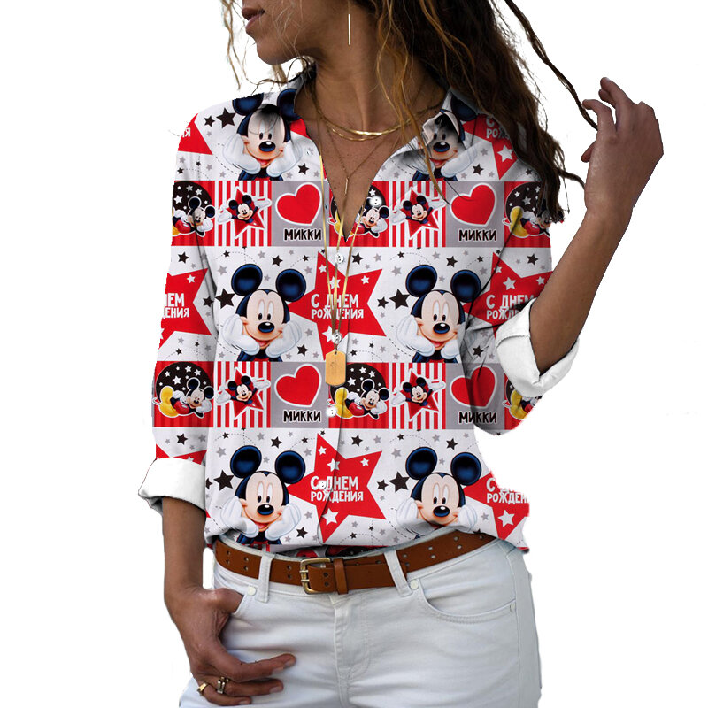女性のための新しい原宿スタイルのディズニーTシャツ,3Dプリントのフィット,ボタン,長袖,マイク,ミッキー,ミニー,ドナルドダック,カジュアル,かわいい,2022