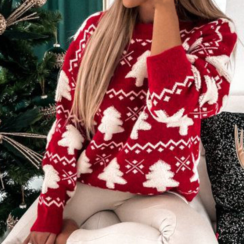 Nowy sweter bożonarodzeniowy damski sweter 3D Santa nadruk drzewa ciepłe grube dzianiny z pełnym rękawem z dekoltem Xmas Look Top Femme