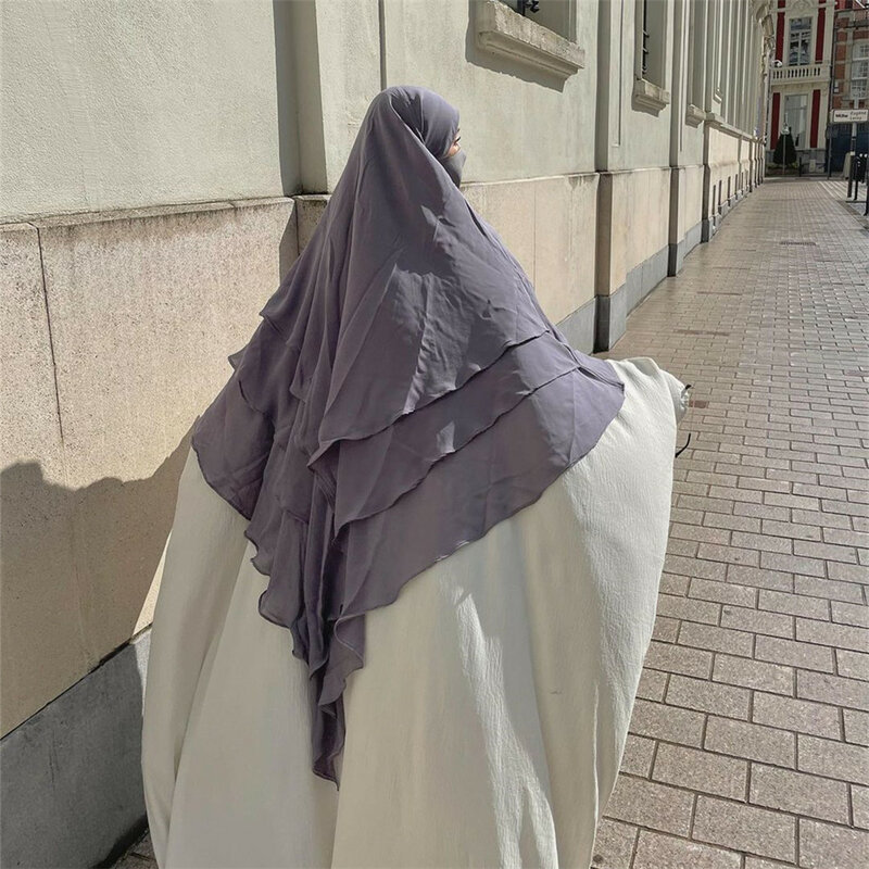 Women Muslim 3 Layer Chiffon Hijab Long Khimar Turkey Arabic Abayas Prayer Garment Eid Hooded Islamic Abaya Full Cover Headscarf