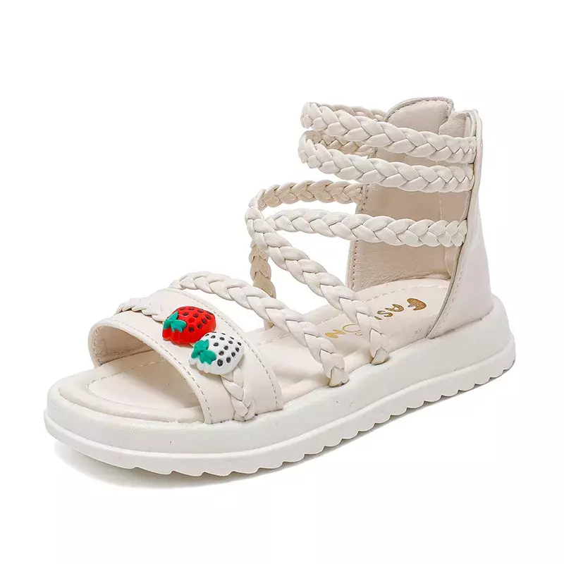 Sandália de gladiador de morango infantil, Princess Roman Sandals, de malha, casual, infantil, verão, fofo, moda