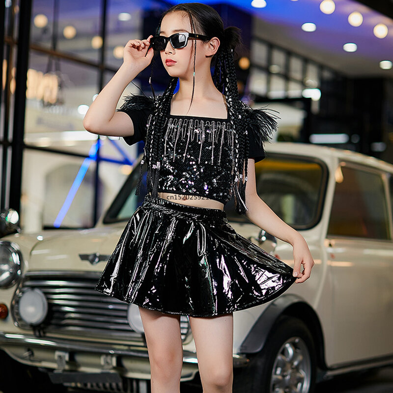 Kids Cool Hip Hop Clothes Black Sequins Top Leather Skirts Girls Jazz Street Dance Costumes Stage Catwalk  Outfit