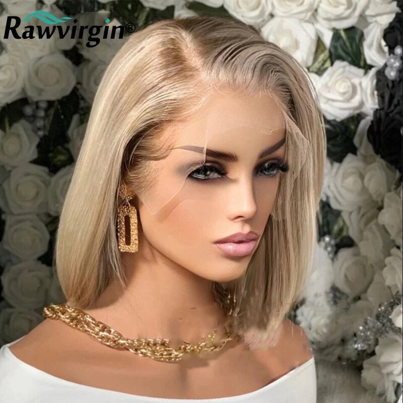 Perruque de cheveux humains Bob courte droite pour femme, perruques avant en dentelle transparente HD, surbrillance blonde ennuyeuse