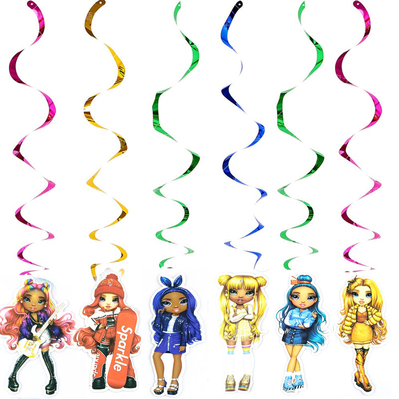 Rainbow Doll Theme Teto Giratório, Pendurado Espirais, Meninas Favores, Eventos Decorações, Happy Birthday Party, 6pcs por lote