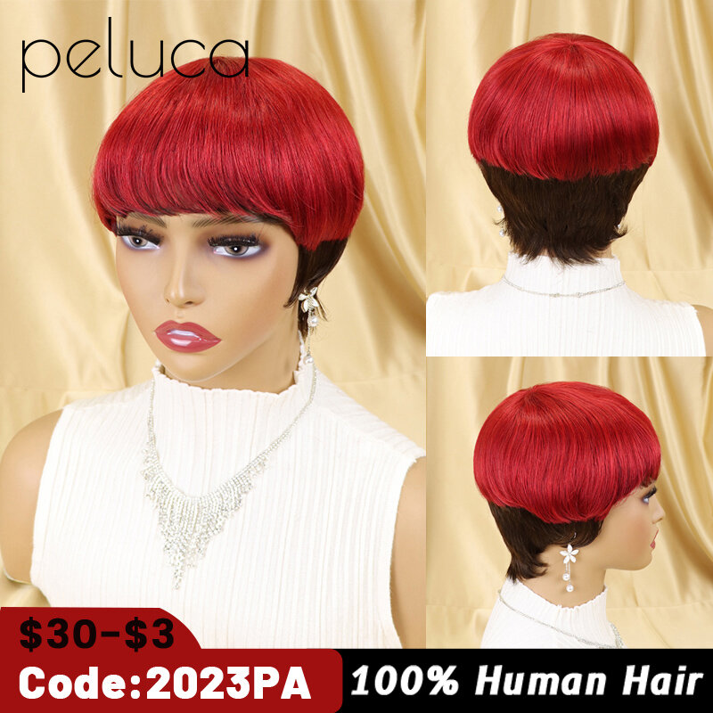 Bob pixie curto corte peruca de cabelo humano com franja para as mulheres natural colorido brasileiro remy máquina feita perucas 150% densidade