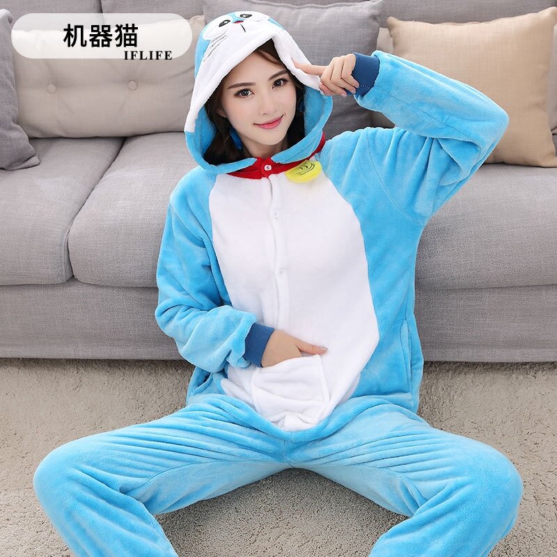 Doraemon Stram pler Pyjama Kigurumi Tier Cosplay Kostüm Halloween blau Familie Pyjama Frauen