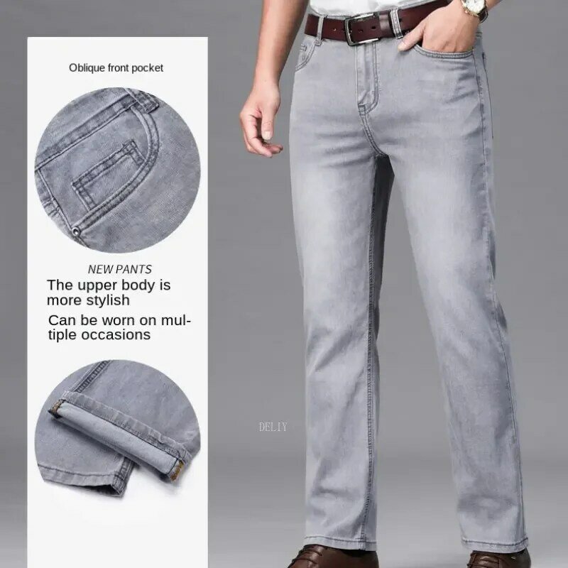 Pantalones vaqueros de cintura alta para hombre, Vaqueros informales de negocios, color gris claro y azul, Material de marca, algodón recto, elástico