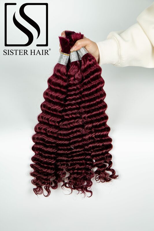 26 28 Inch Burgundy Human Hair For Braiding Deep Wave Bulk No Weft 100% Virgin Hair Colorful Human Braiding Hair For Boho Braids