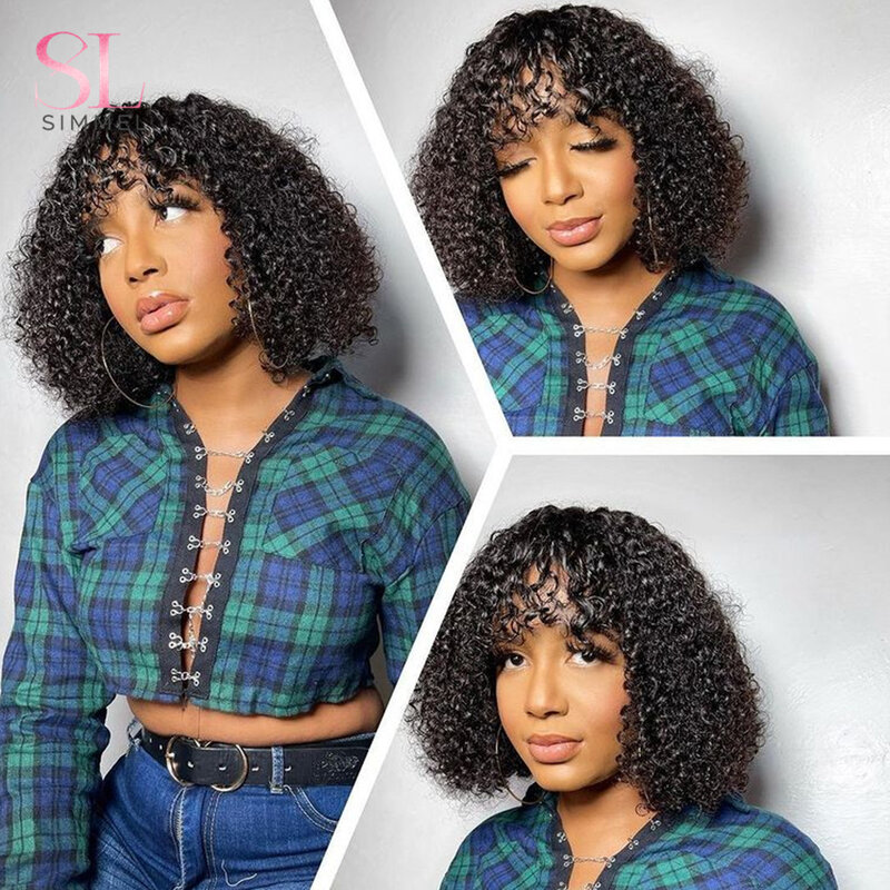 180% Short Afro Kinky Curly Human Hair Wigs Ombre Brown Human Hair Wig With Bangs Colored Brazilian Curly Bob Wig For Women