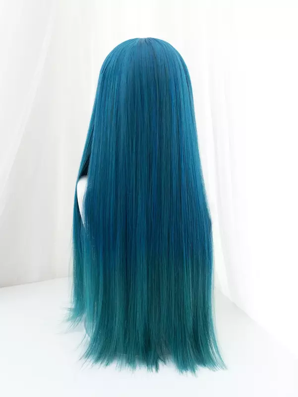Wig sintetik warna hijau gradien biru 30 inci dengan Wig panjang lurus alami untuk wanita Cosplay tahan panas Lolita
