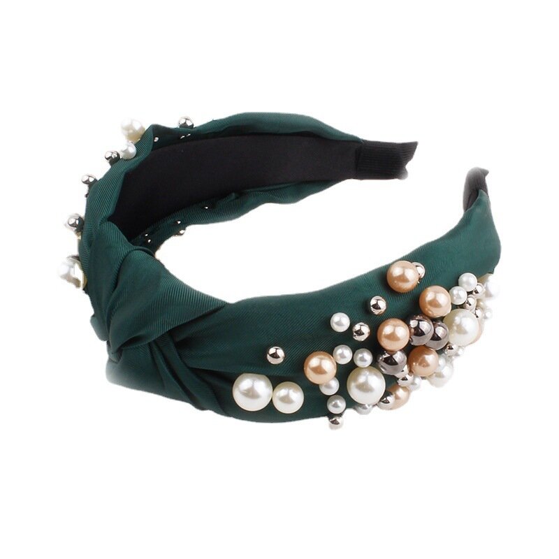 European and American Fashion Full Plate Nail Pearl Headband Women's High Skull Top Knotted Hair Hoop Hair Accessories Wholesale