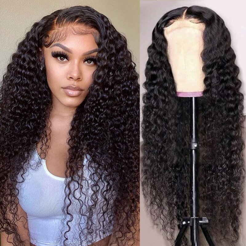 Deep Wave Lace Front Wigs 50%Human Hair Blend 4x4 HD Transparent Lace Closure Wig Glueless 180% Density wig for women