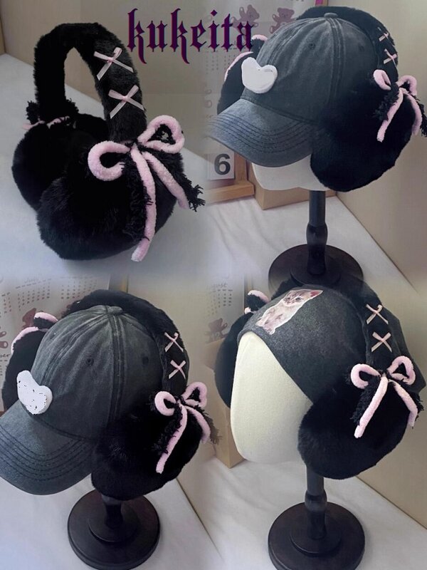 Kukeita Harajuku White Black Gray Pink Sweet Cute Foldable Bow Ear Cover Y2k Japanese Kawaii Women Winter Plush Warm Earmuffs