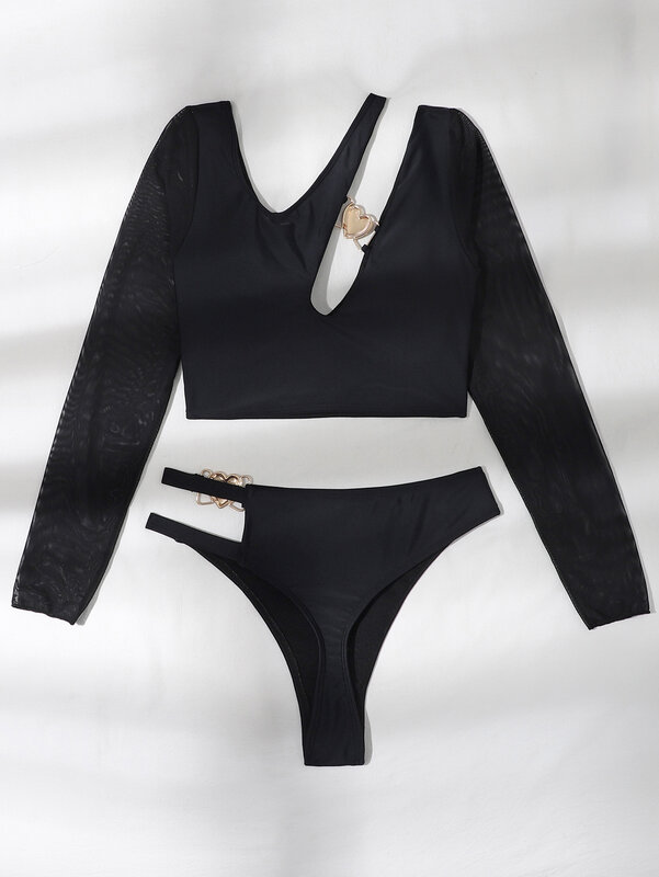 Seksowne serce metalowe strój kąpielowy Bikini 2024 kobiety stroje kąpielowe Bikini z wysoką talią zestawy brazylijskie strój kąpielowy dla kobiet plaża Biquini czarne