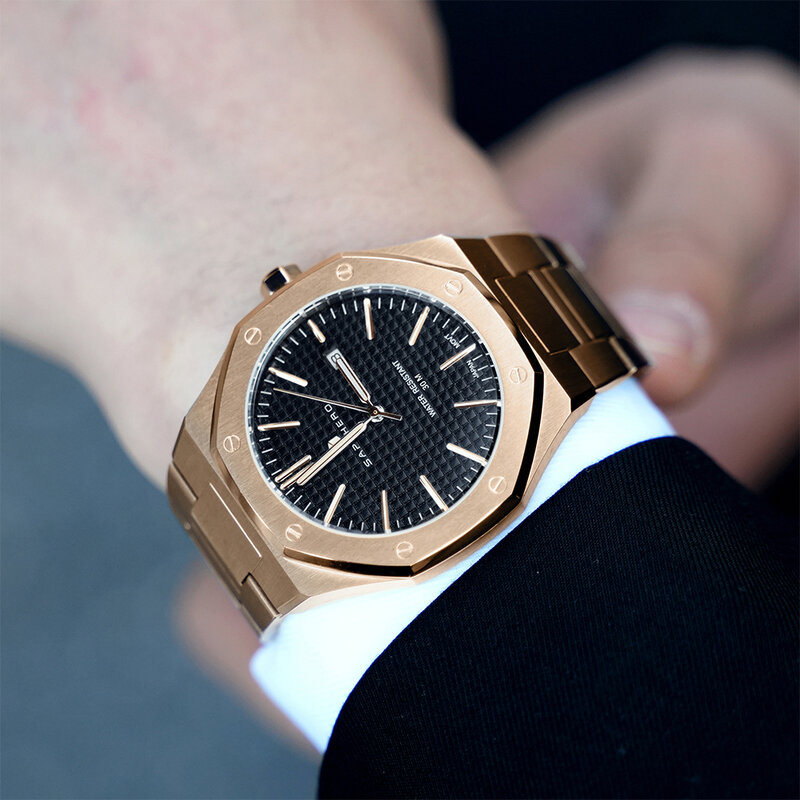 SAPPHERO arloji emas mawar untuk pria, jam tangan desain segi delapan tahan air 30M, jam tangan kuarsa bisnis modis pria