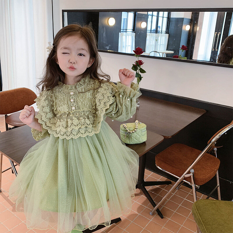 Zielona odzież dziecięca dziewczynka wiosenna sukienka nowy patchworkowy spódnica z siatki princeska dla dzieci
