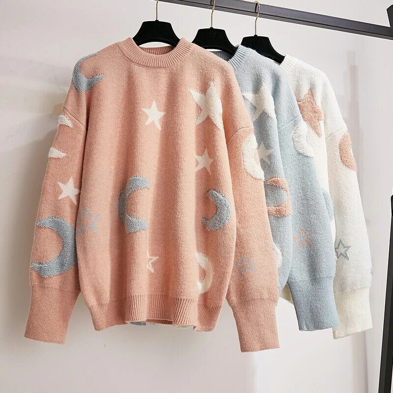 Suéteres blancos de estilo coreano para mujer, Jersey informal de estrellas y luna, suéter Kawaii de punto, rosa, 2023