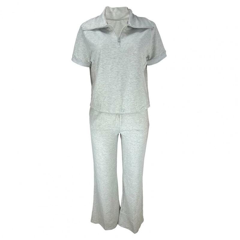 Conjunto de calças e top feminino elegante, gola virada para baixo, meio zíper, cor sólida, manga curta, camiseta para vestir