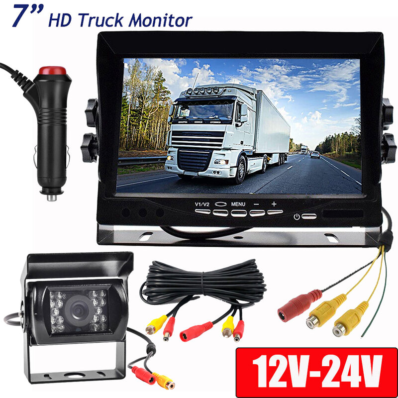 Monitor de 7 pulgadas + Cable de visión trasera, cámara de respaldo 18 LED, sistema de visión nocturna para autocaravana, camión, autobús, estacionamiento, accesorios de coche