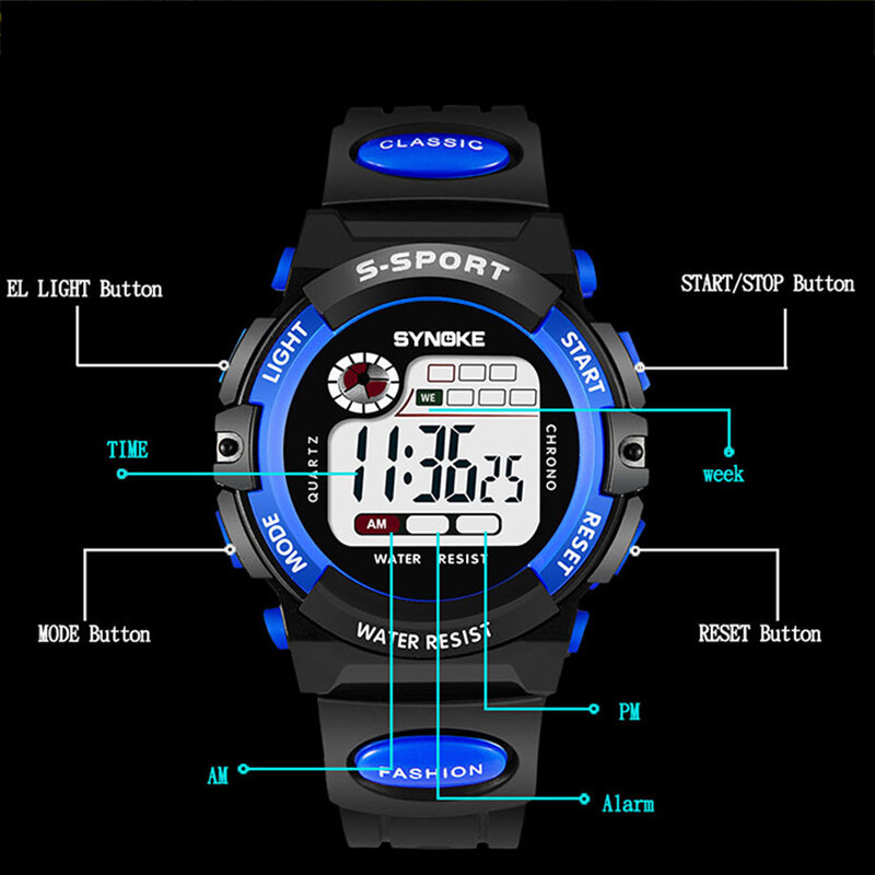 Elektroniczny zegarek dla dzieci Student Sport zegarki kolorowy Sport LED cyfrowy zegar 3ATM wodoodporny zegarek z alarmem dla chłopca