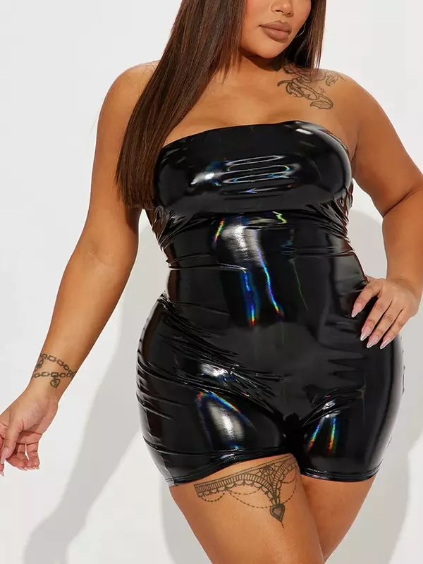 Strapless Faux Latex Bodysuits for Women, Synthetic Leather, Patent Leather, Sleeveless, Plus Size, 7XL, Summer, 2023