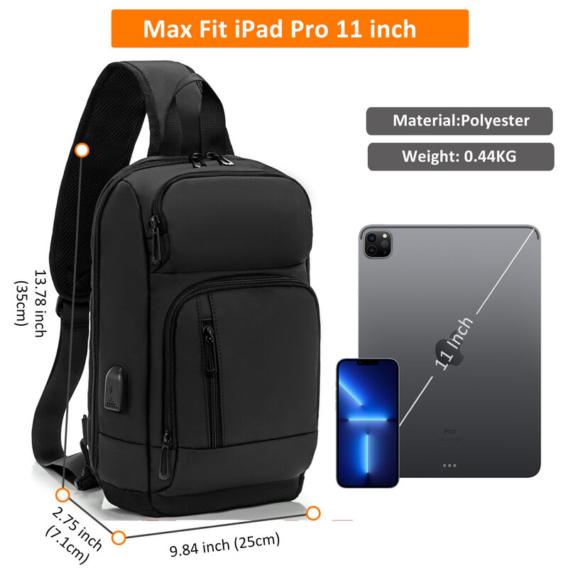 KINGSLONG Men One Shoulder Backpack Waterproof Sports Travel Versatile Multifunctional Chest Bag with USB Port 13.78 inch