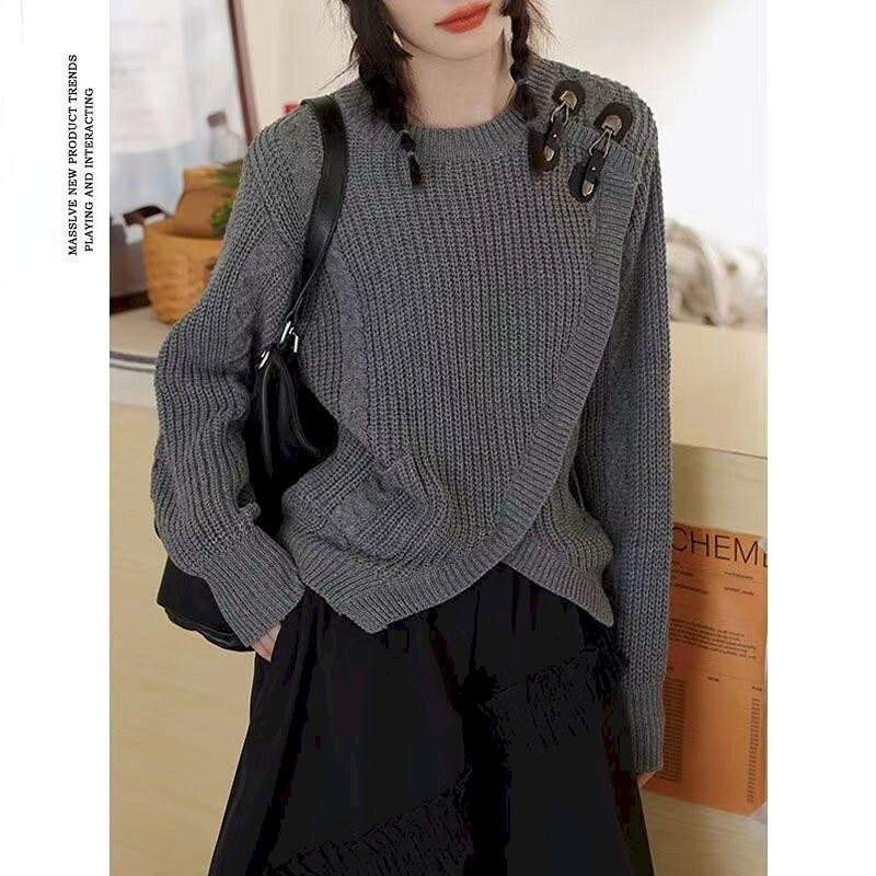 Maglioni Vintage in stile coreano moda donna Pullover lavorato a maglia con spacco irregolare semplice maglione ceroso morbido autunno inverno top alla moda