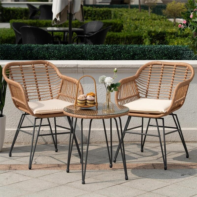 3 Piece Outdoor Wicker Furniture Patio Bistro Set, Balcony Furniture Rattan Conversation Sets with Cushions, Wicker Patio Chairs