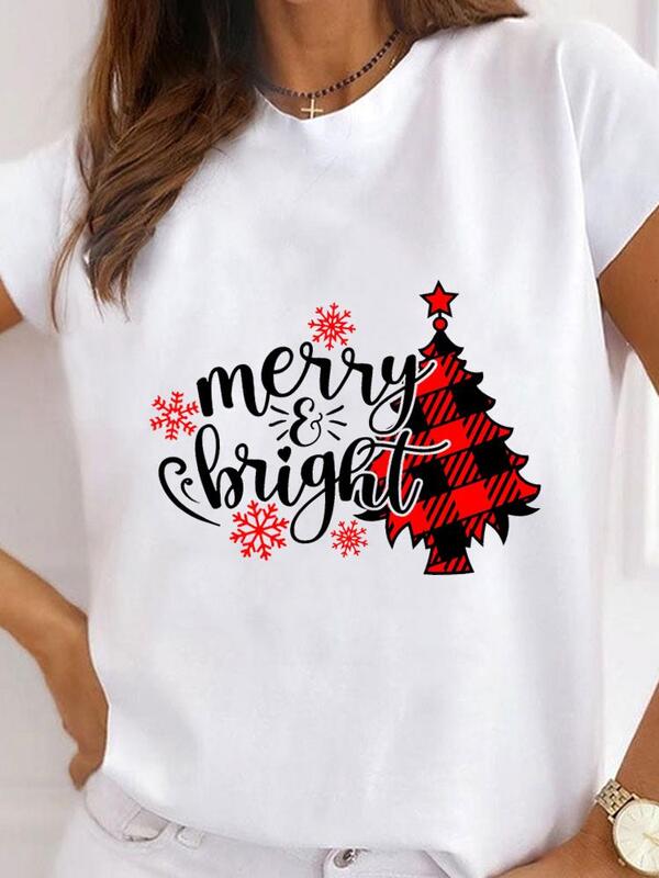 T-shirt imprimé aquarelle pour femme, manches courtes, t-shirt graphique, vêtements de Noël, mode du nouvel an, saison d'hiver