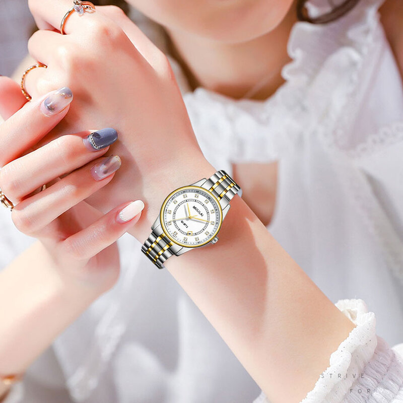 Relógio dourado feminino, relógio pulseira de aço criativo à prova d'água