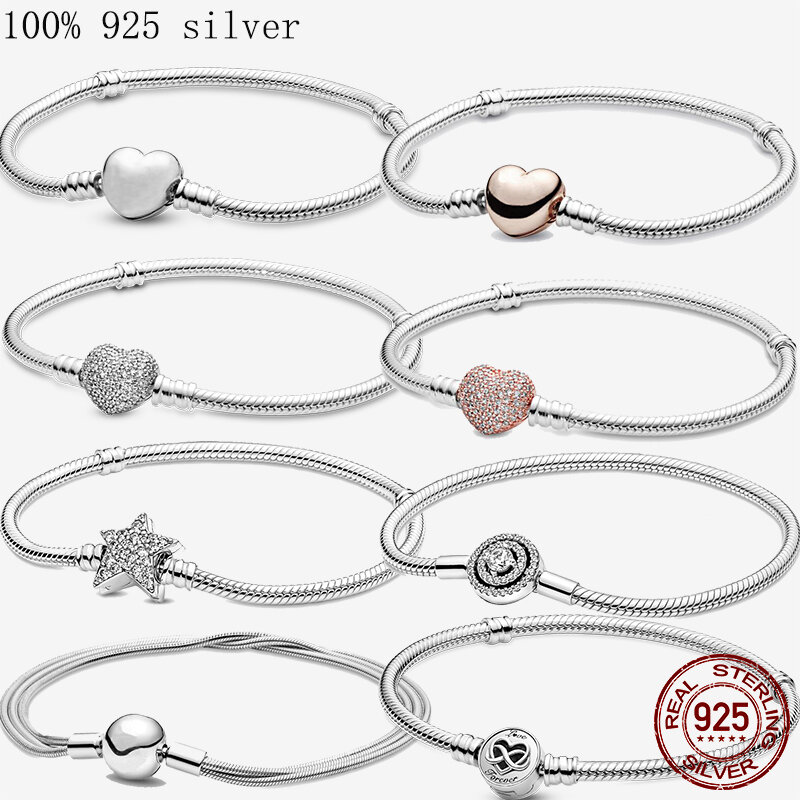 Original 925 Sterling Silver Bracelet Star Heart Clasp Snake Chain Rose Gold DIY Beads Charms Bracelets For Women Luxury Jewelry
