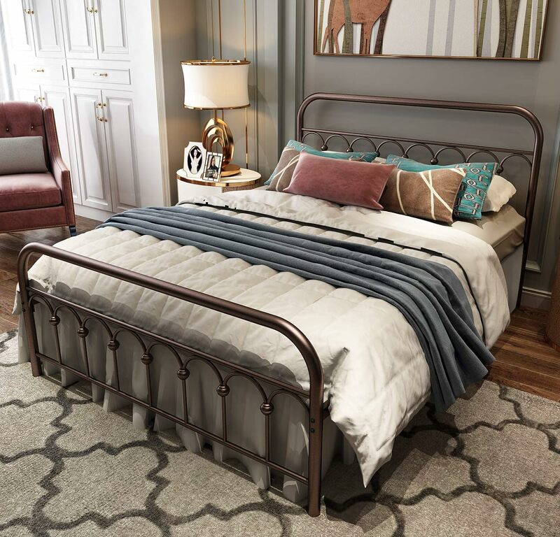 TUSEER-Marco de cama de Metal de tamaño completo con cabecero Vintage y reposapiés, Base de plataforma, marco de cama doble de hierro forjado (Frente antiguo