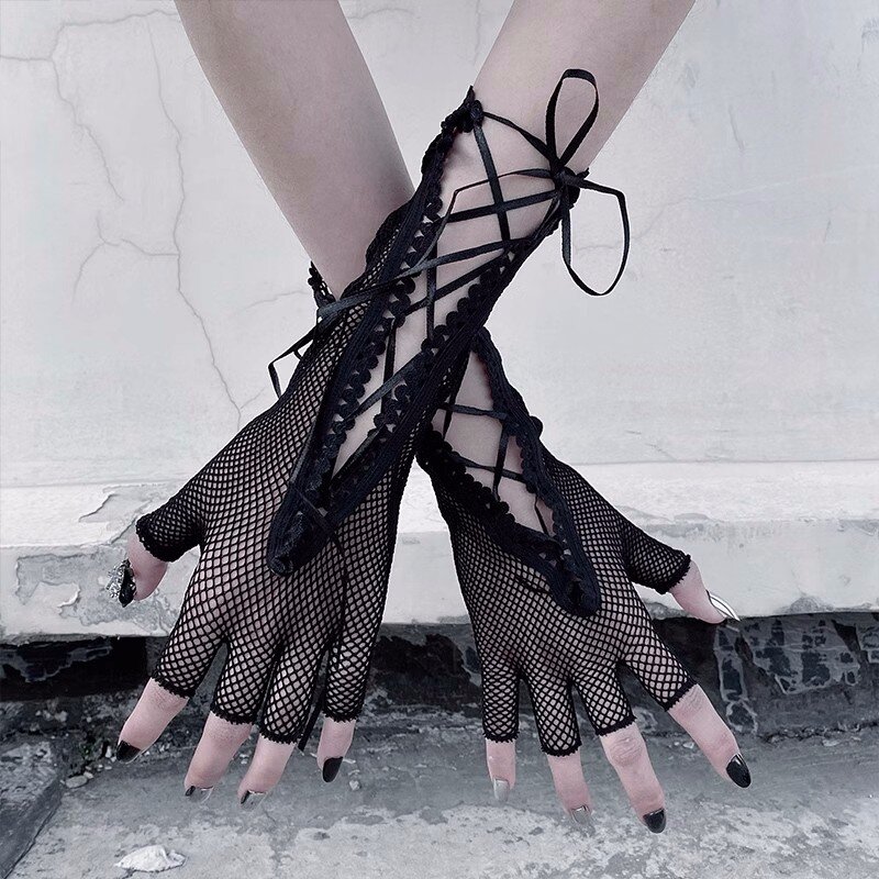 New Gothic Lolita Bandage Fishnet Long Half-Finger Hand Gloves Cuff Women Men Sexy Mesh Black Punk Outdoor Goth Stretchy Mittens