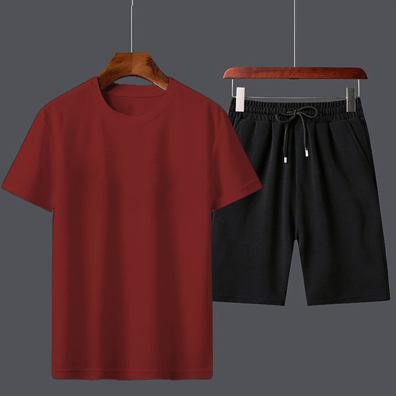 Summer New Men's Short-sleeved T-shirt Shorts Two-piece Sports Casual Suit Solid Color Summer Suit S-3XL  6 Colors