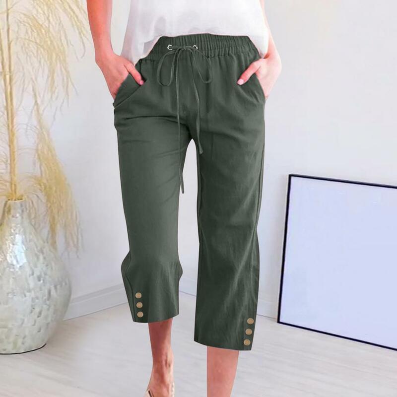 Summer Drawstring Cropped Pants Elastic Waist Women's Summer Cropped Pants with Pockets Buttons Loose Fit Casual for Streetwear