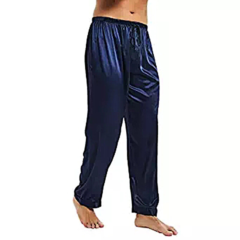 Celana piyama pria, celana tidur sutra dingin bergaris-garis ukuran besar kasual rumah longgar nyaman musim panas
