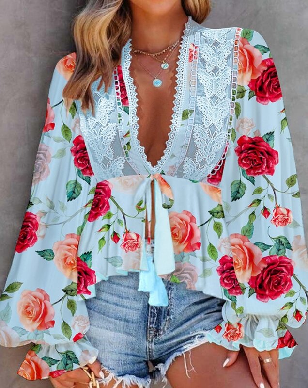 Atasan Wanita seksi 2024 kaus atasan longgar leher V dalam musim semi renda Boho motif bunga renda tambal sulam pinggiran rumbai lengan lentera