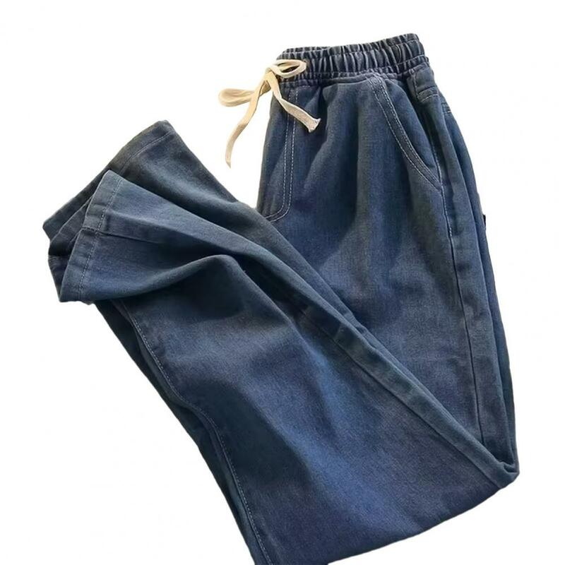 بنطلون دنيم واسع الساق للرجال ، بنطلون برباط مرن الخصر مع جيوب ، جينز مستقيم مناسب فضفاض ، متعدد الاستخدامات