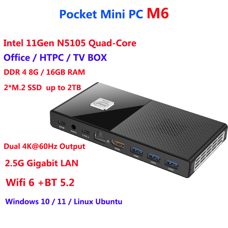 ราคาถูกกระเป๋า Mini PC Celeron N5105 2.9GHz 8/16GB LPDDR4 2933MHz NVMe คอมพิวเตอร์แบบพกพา2.5G LAN Windows 11 WiFi6 BT5.2