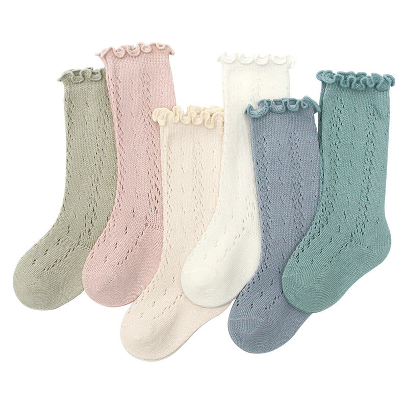Носки для маленьких девочек 6 цветов, сетчатые гольфы, весна-лето 2023, детские длинные тонкие хлопковые Дышащие носки с оборками для маленьких принцесс