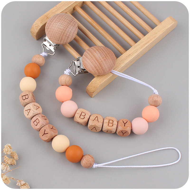 INS Personalized Name Baby Pacifier Clips Morandi Color Silicone Beads Newborn Teether Anti-drop Chain Dummy Nipples Holder Clip