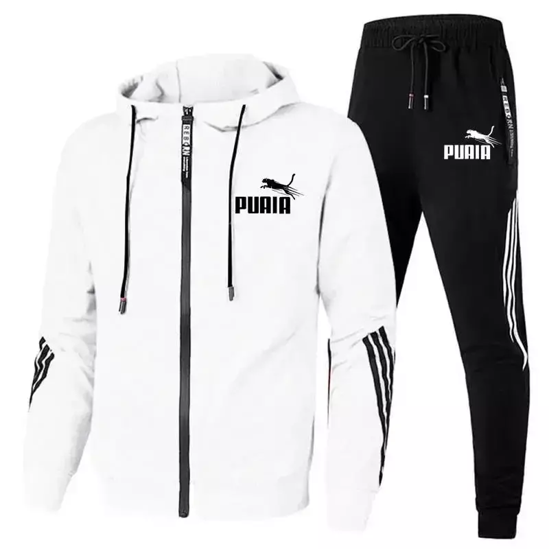 Fashion Tracksuit Men Suit Autumn New Zipper Cardigan Jacket+Sweatpants Stripe Running Fitness Basketball Jogging 2 Piece Set